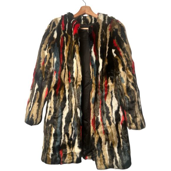 Zara Multicolor Faux Fur Coat XS Long Statement Jacket Plush Textured Outerwear - Picture 1 of 12